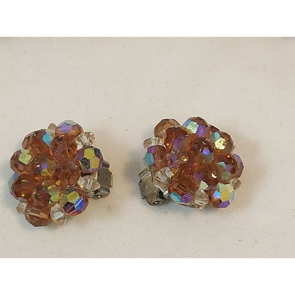 Vintage Laguna Aurora Borealis Crystal Bead Cluster Clip Earrings 50's-60's - Picture 6 of 7